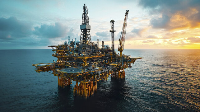 Offshore oil rig platform at sunset with helicopter landing pads and crane, surrounded by calm ocean waters under partly cloudy sky, showcasing industrial energy infrastructure