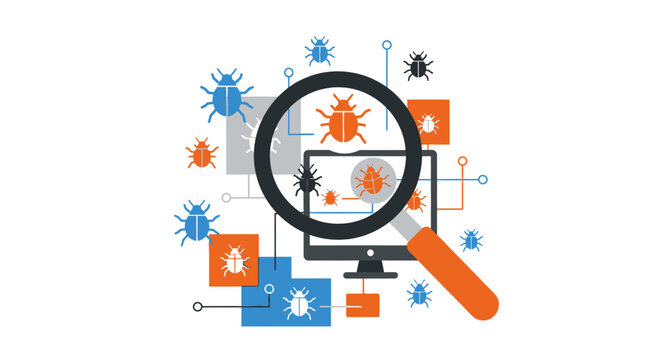 Magnifying glass on computer screen bugs. Vector Illustrations. EPS Editable