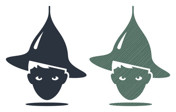 Mystical wizard boy head icons, young sorcerer with pointed hat, magic character vector illustrations