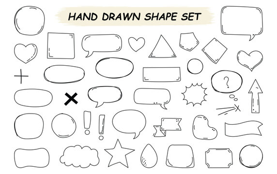 Hand Drawn Shape Set with Speech Bubbles, Doodle Frames, Icons and Abstract Elements. Hand drawn arrow, cross, exclamation and basic shape set. Vector illustration