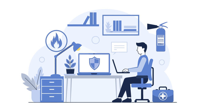 Office Worker at Desk Illustrating Workplace Safety, Fire Protection and Data Security Concept