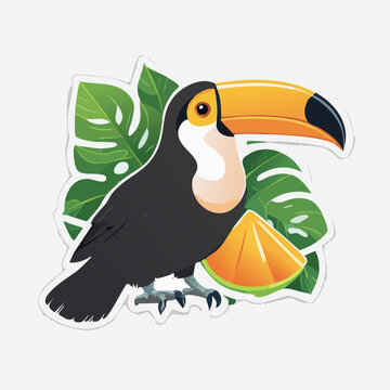 Charming toucan bird illustration sticker, capturing the essence of tropical wildlife with lush green foliage and a refreshing orange fruit slice