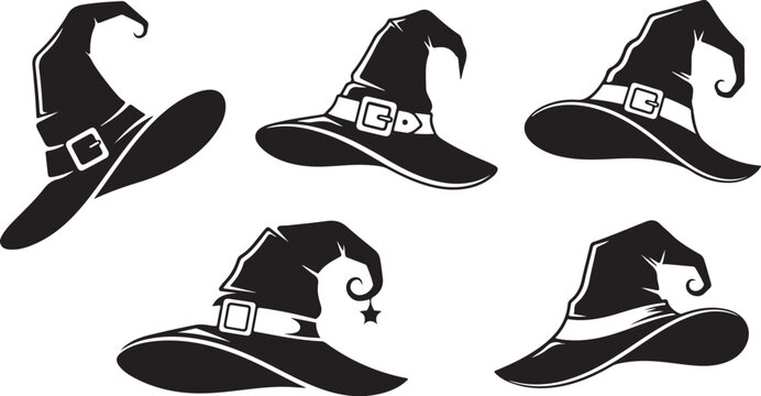 Collection of Black Witch Hats Silhouettes on White Background
