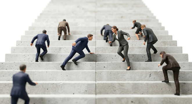 巨大な石造りの階段を全速力で駆け上がり高みを目指すビジネスマンたちのレース
