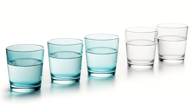 A set of colorful and clear glasses filled with water on a white surface