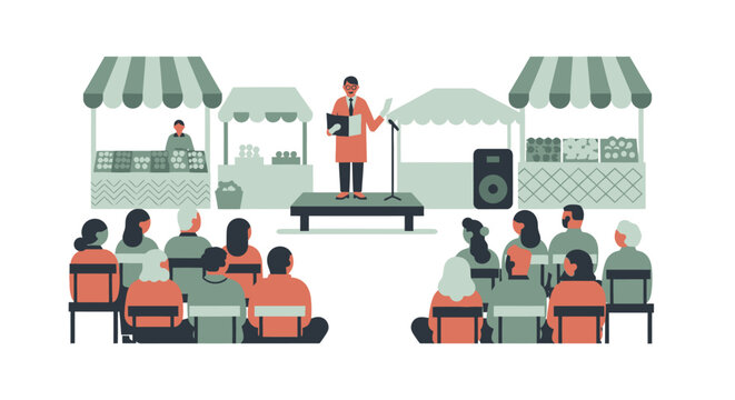 People sitting in chairs listening speaker. Vector Illustrations. EPS Editable