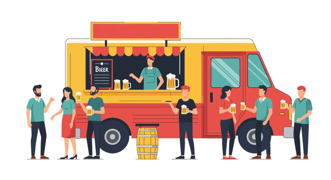 People waiting in line at food truck. Vector Illustrations. EPS Editable