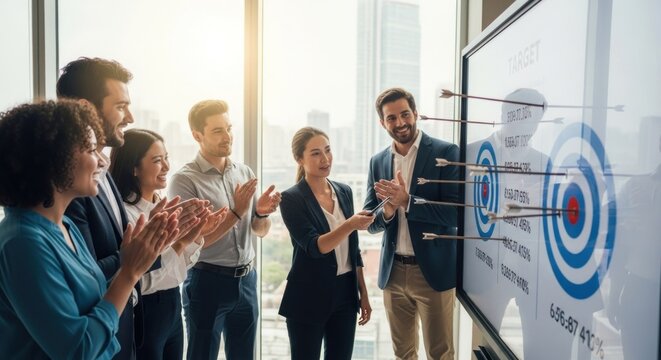 A diverse group of business professionals standing in front of a large screen displaying a target with arrows, clapping in agreement.