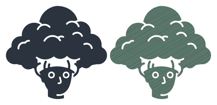 Whimsical broccoli head character, representing healthy eating and fun.