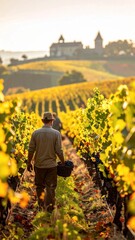 Fototapeta premium Vineyard worker harvesting grapes in autumn with castle backdrop.
