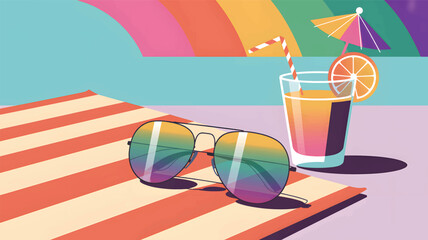 Sunglasses and an orange drink with an umbrella on a striped towel, aviator sunglasses cocktail, orange juice © srdesignhouse