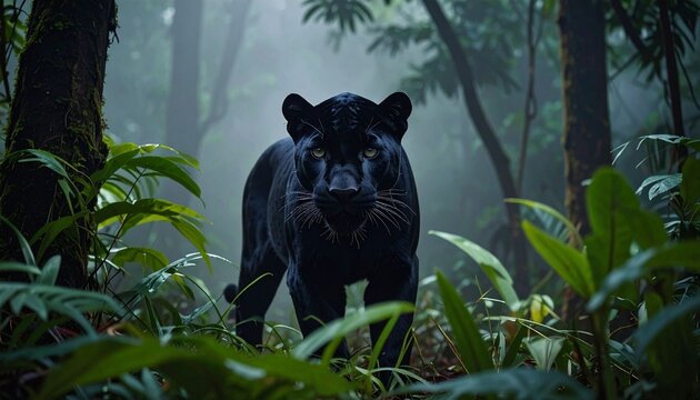 Black panther stalking through lush forest