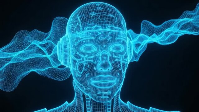 Abstract digital human head wireframe with glowing blue sound waves emanating, technology and artificial intelligence concept motion graphic footage.