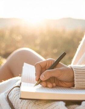 Woman writing in a journal outdoors during golden hour.