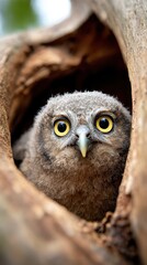 A captivating young owl peeks out from its cozy nest in a tree, showcasing its striking yellow eyes and soft feathers.