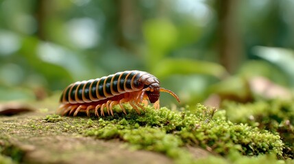 A close-up view of a colorful millipede crawling over vibrant green moss in a lush forest environment.