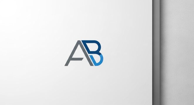 A minimalist logo design featuring the letters 'AB' in blue and grey, with a blue and grey abstract design element in the middle, set against a white background with a grey border.