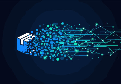Blue digital package dissolving into abstract data particles and a connected network on a dark background