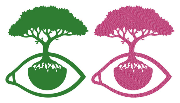 Symbolic eyes with growing trees and roots, representing nature and vision