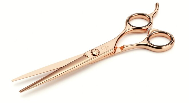 A pair of rose gold scissors on a white background