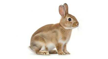 Fototapeta premium A cute brown rabbit sitting on a white background looking to the side