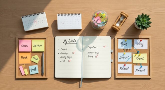 A wooden desk with a calendar, a notebook, a plant, a sand timer, and a small plant on it.