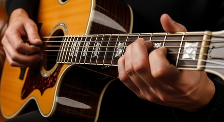 Fototapeta premium Close-up shot showcasing acoustic guitar being played with hands strumming