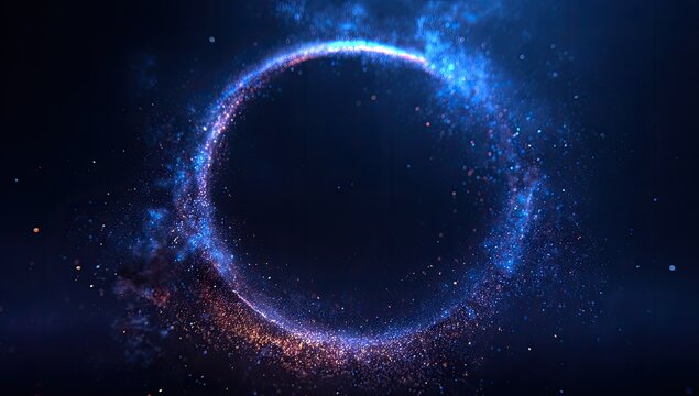 Glimmering ring of particles in dark space with a mix of blue, orange, and purple