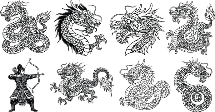 Chinese dragon and warrior illustration set featuring mythical creatures, oriental patterns, and detailed line art designs in traditional Asian vector style