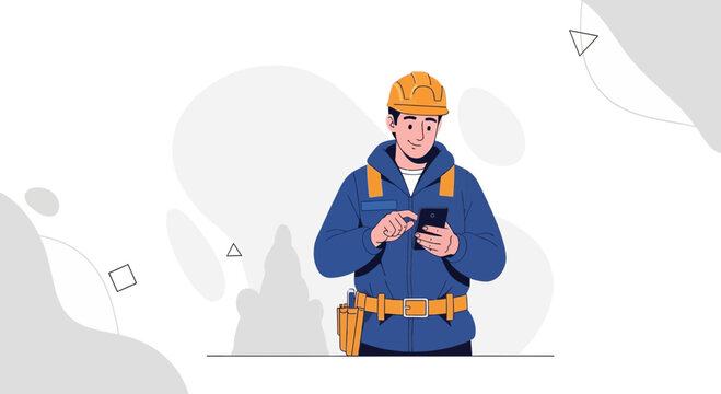 Construction worker in hard hat using smartphone on abstract background