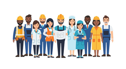 Fototapeta premium Diverse Group of Professionals Representing Various Occupations and Essential Workforce standing together as a unified team illustrating collaboration and community