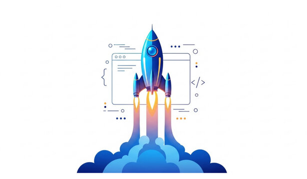 Futuristic rocket launch vector with glowing blue orange smoke and web browser tech interface isolated on white background