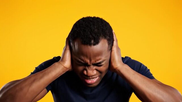 A man covers his ears tightly, grimacing in discomfort from loud noise or overwhelming sound, against a vibrant yellow background