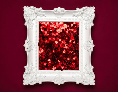 Elegant white ornate frame showcasing a vibrant red sequin pattern.