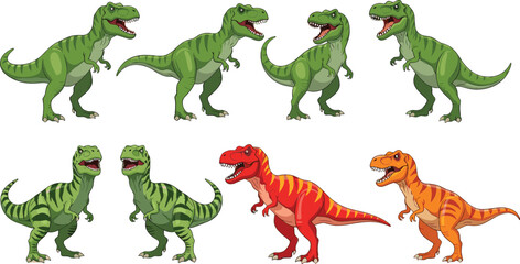 Cartoon Tyrannosaurus rex dinosaur set featuring multiple poses, colorful variations, and playful prehistoric character design in fun vector illustration style © Md Julfikar