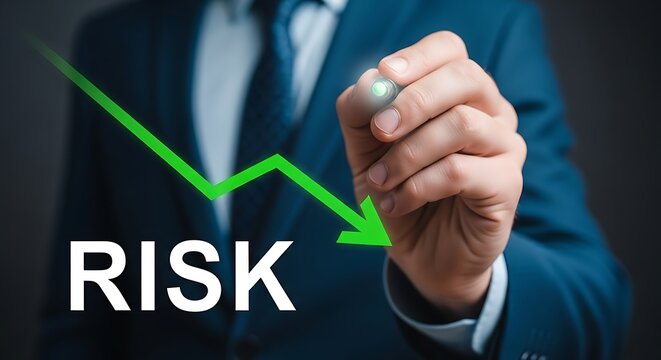 Businessman drawing decreasing risk graph with green marker