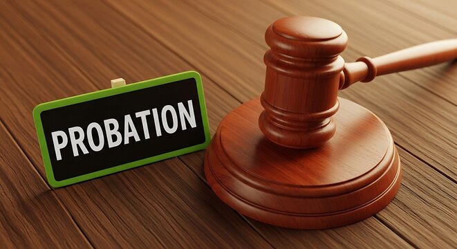 Gavel and probation sign on a wooden desk in a courtroom setting for legal judgment