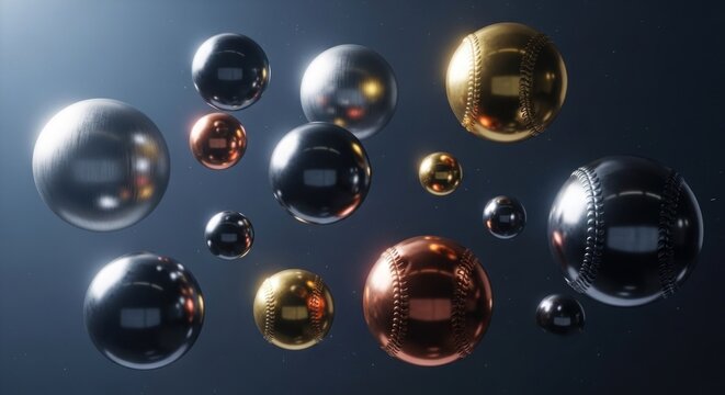 A collection of metallic spheres, including baseballs, floating in a dark, reflective environment with a gradient background.