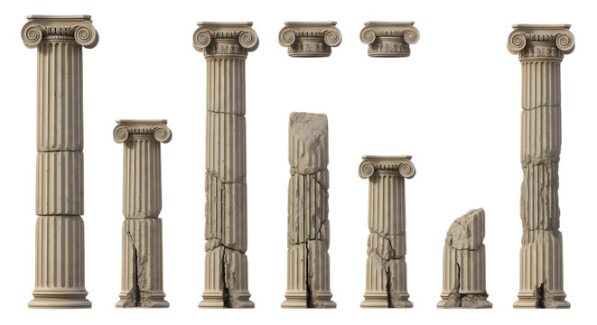 Collection of ancient Greek and Roman columns architectural elements in various states of preservation isolated on white background for desi