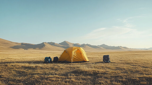 Camping tent in open dry grassland with mountain range under clear sky during daytime
