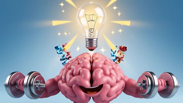 A creative video concept of a brain lifting weights with a lightbulb