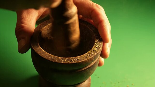 Close-up of a hand grinding spices in a wooden mortar and pestle on a green background