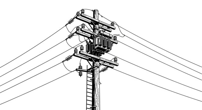 Detailed Illustration of a Utility Pole with Electrical Wires.