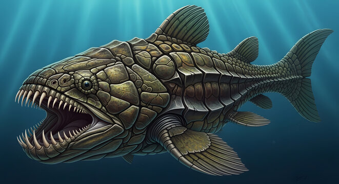 A massive prehistoric armored fish with large sharp teeth swimming in the deep blue ocean water