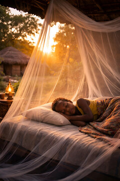 African child sleeping safely under mosquito net in rural village.