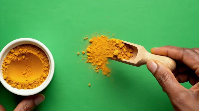 Close up of a hand scooping vibrant yellow turmeric powder from a white bowl against a bright green background with overhead lighting
