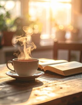 Steaming coffee cup and open book on a rustic wooden table with warm morning light.