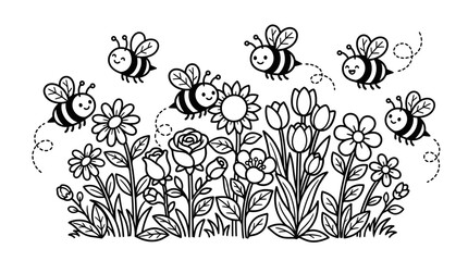 Black and white illustration of bees.