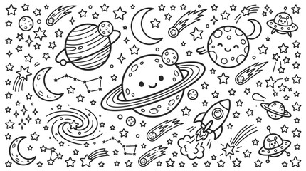 Coloring book page with planets and space. © Payu