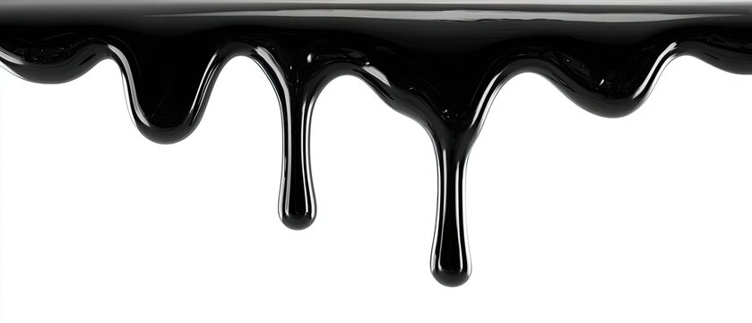 Glossy black liquid drips down against a solid white background, isolated image